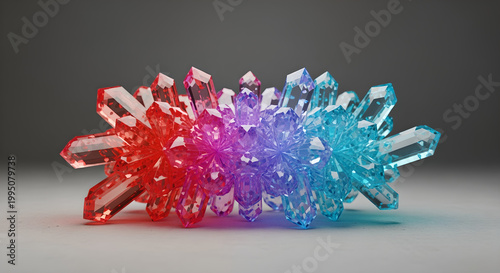 A colorful 3D modeling of crystals on a surface from a side viewpoint