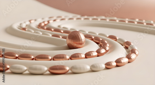 A spiral arrangement of shiny metallic beads on white rings