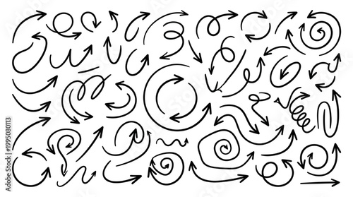 Hand‑Drawn Arrows Vector Illustration with Swirl Designs, Curved, Zigzag, Spiral Motion Symbols, Directional Graphic Artwork, Abstract Flow Pattern Vector Art