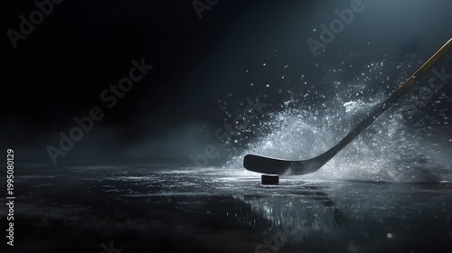 Dark ice rink illuminated by spotlight, hockey stick hits surface