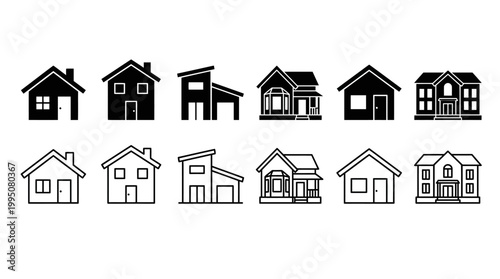 House Icons Vector Illustration with Solid and Outline Designs, Architectural Silhouettes, Home Symbols, Residential Building Shapes, Minimalist Housing Graphic Vector Art