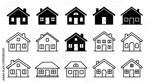 House Icons Vector Illustration with Solid and Outline Designs, Architectural Silhouettes, Home Symbols, Residential Building Shapes, Minimalist Housing Graphic Vector Art