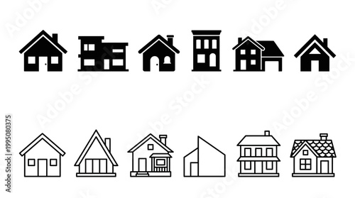 House Icons Vector Illustration with Solid and Outline Designs, Architectural Silhouettes, Home Symbols, Residential Building Shapes, Minimalist Housing Graphic Vector Art