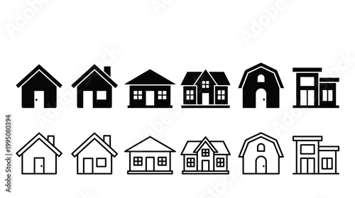 House Icons Vector Illustration with Solid and Outline Designs, Architectural Silhouettes, Home Symbols, Residential Building Shapes, Minimalist Housing Graphic Vector Art