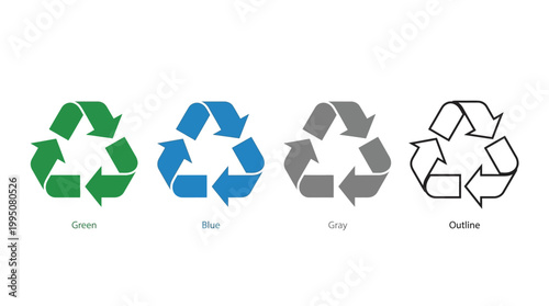 Recycling Symbols Vector Illustration with Green, Blue, Gray, Black Icons, Sustainability Concept, Eco Friendly Design, Environmental Awareness, Recyclable Materials Vector Art