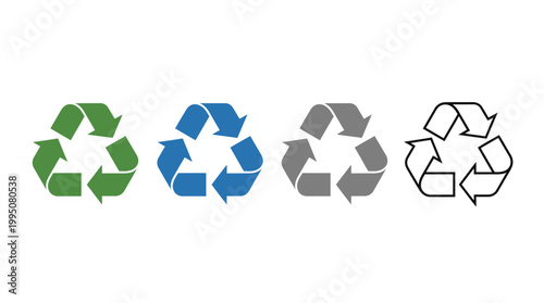 Recycling Symbols Vector Illustration with Green, Blue, Gray, Black Icons, Sustainability Concept, Eco Friendly Design, Environmental Awareness, Recyclable Materials Vector Art