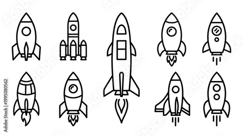 Rocket and Spacecraft Vector Illustration with Silhouettes, Shuttle Design, Classic Cylindrical Rockets, Windows, Fins, Exhaust Flames, Space Exploration Engineering Concept Vector Art