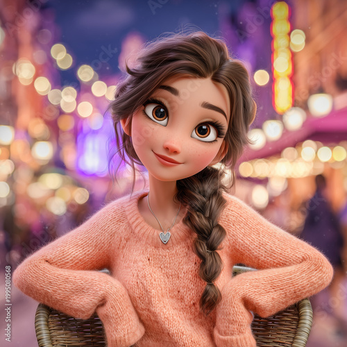 Cute animated girl with big eyes in cozy sweater on city lights background