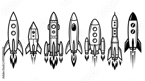 Rocket and Spacecraft Vector Illustration with Silhouettes, Shuttle Design, Classic Cylindrical Rockets, Windows, Fins, Exhaust Flames, Space Exploration Engineering Concept Vector Art