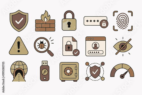Cybersecurity Shield Pack. Editable Icon Sheet Vector Set with cybersecurity, shield, firewall, password, fingerprint, alert, bug scan, encrypted file, lock, secure login, privacy, antivirus