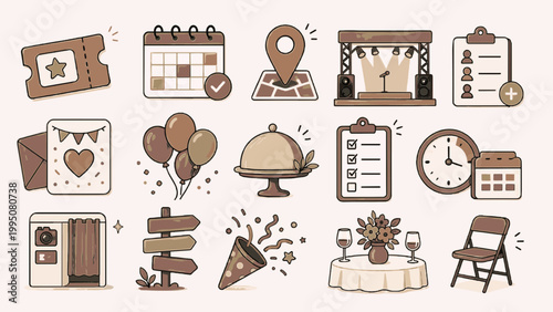 Event Planning Pack. Editable Icon Sheet Vector Set with event planning, ticket, calendar, venue, stage, guest list, invitation, balloon, catering, checklist, schedule, celebration, organizer
