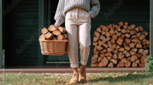 Woman carrying a wicker basket filled with firewood, wearing a cozy sweater and light-colored pants, standing on a porch in front of a stack of logs