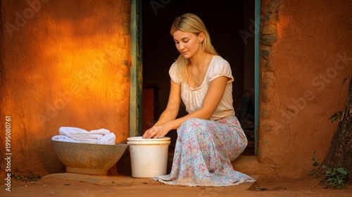 Woman in loose cotton clothing washing hands in a white bucket while sitting on a doorstep with towels and an earthen bowl nearby in a rustic outdoor setting