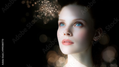 Woman with blue eyes looking slightly upward, illuminated by soft light, with abstract light patterns and bokeh effects in a dark background setting
