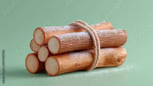 Small bundle of split firewood tied with twine, resting on a soft green background, showcasing the natural texture and color of the wood