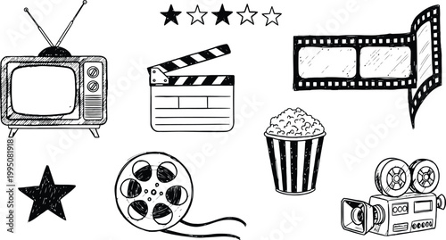 Cinema vector illustration set featuring hand drawn film elements including television clapboard popcorn and vintage movie camera icons