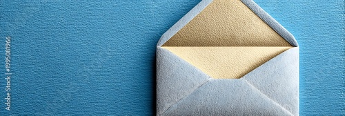 Elegant open envelope with metallic gold interior lining resting on textured blue paper surface for formal invitation business communication or personal message delivery concept