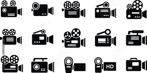 Collection of diverse video camera icons and illustrations, modern vector graphic design elements for filmmaking