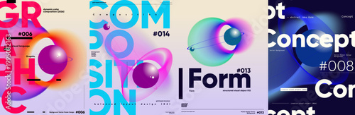 Dynamic abstract poster designs featuring vibrant colors and geometric shapes. Each composition showcases a unique blend of typography and visual elements, creating a modern aesthetic.