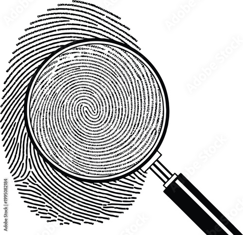 Fingerprint under magnifying glass vector illustration representing biometric security identification identity verification and forensic criminal data analysis investigation