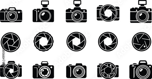 Collection of diverse camera icons and aperture diaphragm graphics for graphic design projects