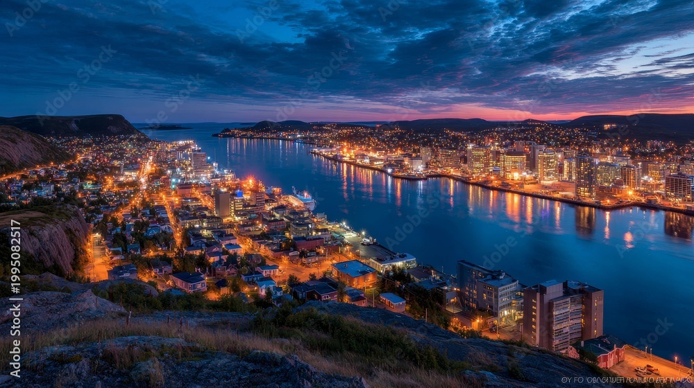 Obraz premium Panoramic night view of a city in Newfoundland and Labrador, Canada, illuminated by urban lights against the dark sky.