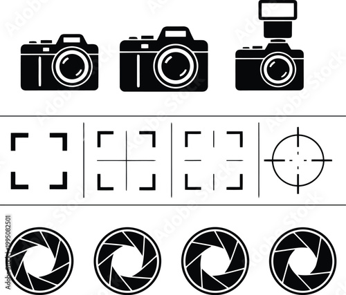 Collection of vector graphic illustrations featuring camera icons, focus frames, and aperture diaphragm elements for visual design projects.
