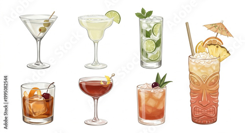 Collection of Classic and Tropical Cocktail Drinks in Various Glasses