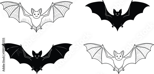 Bat Silhouette and Line Art Illustration Set with Flying Nocturnal Animal Wing Spread Halloween Gothic Vector Design Collection for Decorative Use