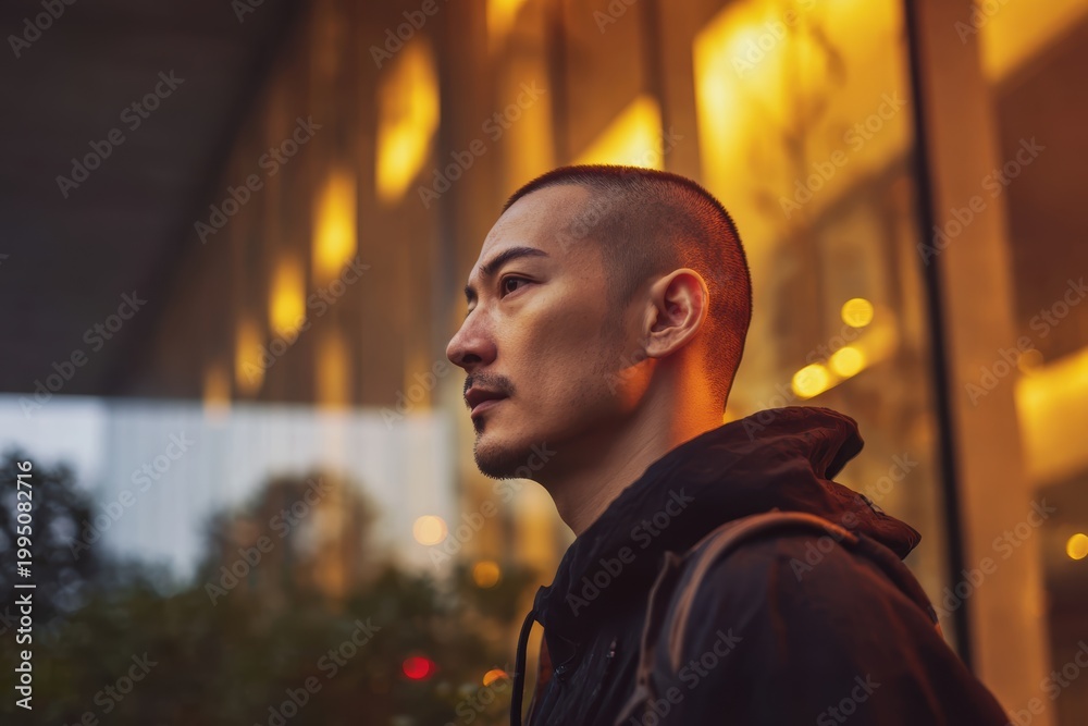 Fototapeta premium 夕暮れ時に暖かい明かりに照らされたガラス張りの建物のそばに立つ男性