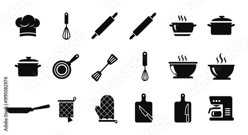 Black silhouette icons depicting various cooking utensils and kitchen equipment