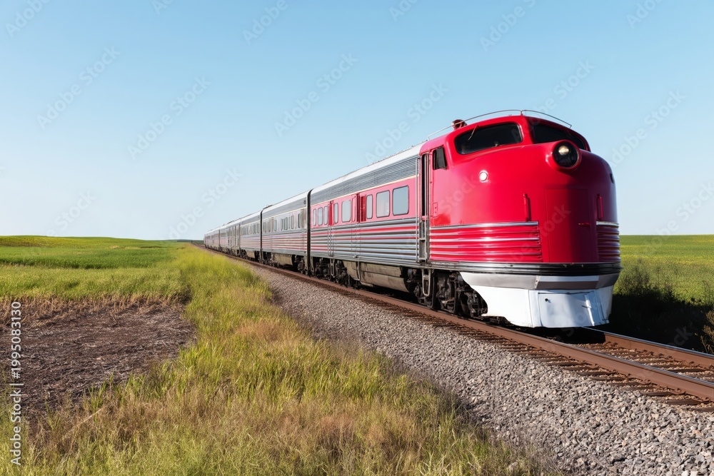 Fototapeta premium Train Travels Along the Empty Landscape Under a Clear Blue Sky