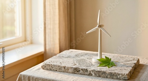 A minimalist white ceramic wind turbine model sitting on a slab of raw