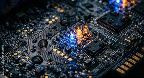 High-tech glowing circuit board with realistic rain droplets on the surface