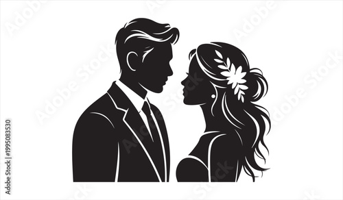 Romantic couple silhouette in elegant style for wedding and love themes