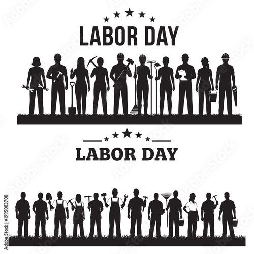 Labor Day Workers Silhouette Banner Showing Unity of Tradesmen and Women With Tools
