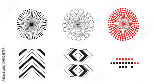 Abstract geometric symbols are arranged in a collection of circular patterns, arrows, and dotted lines to create a versatile set of modern design elements for projects.
