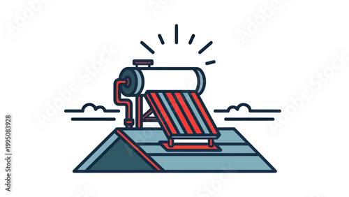 A solar water heater atop a roof with radiating sunbeams