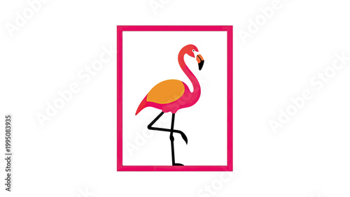 Pink flamingo in a pink frame, standing on one leg
