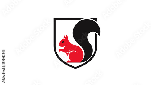 A stylized red squirrel is perched within a black shield outline