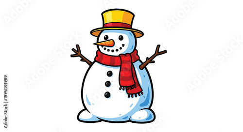 Cheerful vector illustration of a happy snowman wearing a yellow hat and red scarf for winter holidays