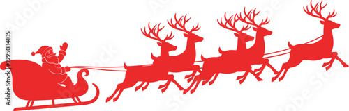 Red Santa Claus silhouette flying in sleigh pulled by reindeer team isolated on white background Christmas vector illustration