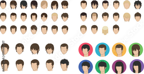 Cartoon illustrated male character design sheet with multiple hairstyles hair colors styles spiky layered short long creative artwork scene