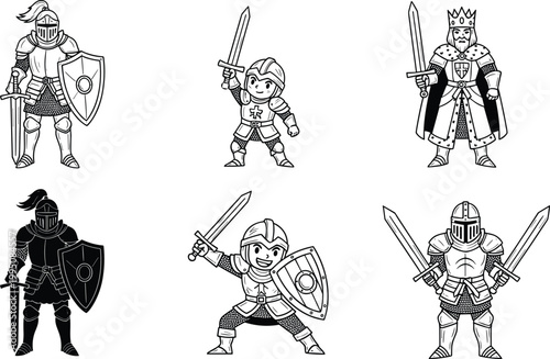 Cartoon illustrated medieval knights and king characters wearing armor holding swords shields in various poses creative fantasy artwork scene