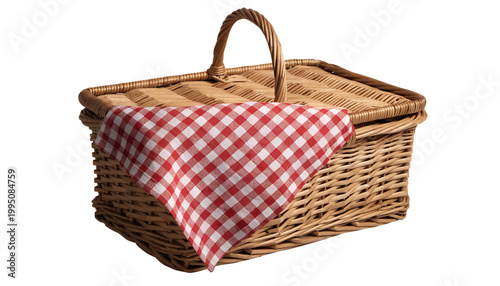 Wicker picnic basket with red and white checkered cloth