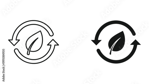 Black and white icons of recycling symbol with leaf on white background