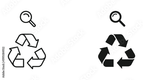 Black and white recycling symbols with magnifying glass icons on white background