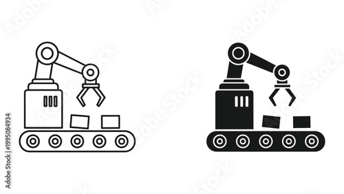 Two robotic arms with claws picking up boxes on tracks