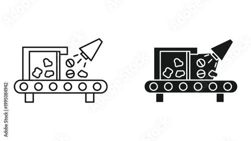 Black and white line icons of recycling conveyor belts with trash