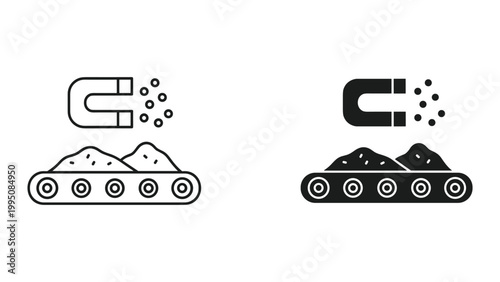 Black and white line and solid icon of magnets pulling metal on conveyor belts